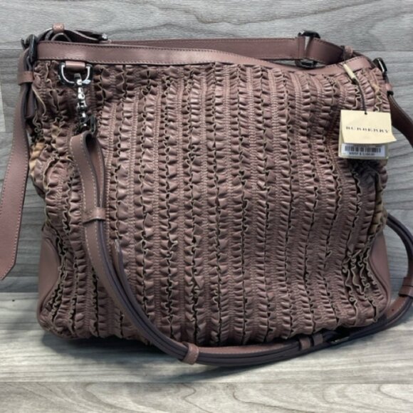 Burberry Brown Leather Ruffle Lowry Shoulder Bag - Dark Taupe Pink - Picture 1 of 12